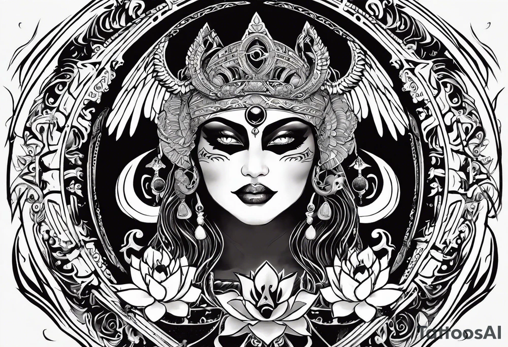 black kali, goddess pirate, alien, angel, pachamama, valkrye, warrior, flying, skull, lotus azul, wing, eagle, zenza resonance, stars, 5D, anahata chakra, death, durga, riding on a tiger, flying lady tattoo idea