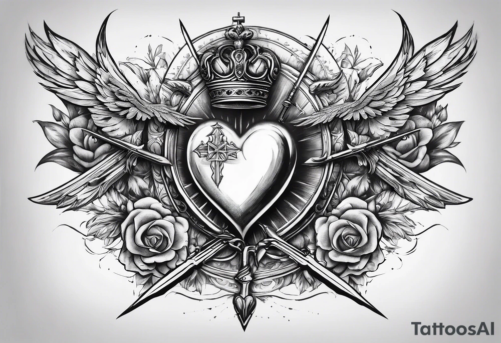 sacred heart with 3 swords instead of a cross. In front of a seraphim. tattoo idea