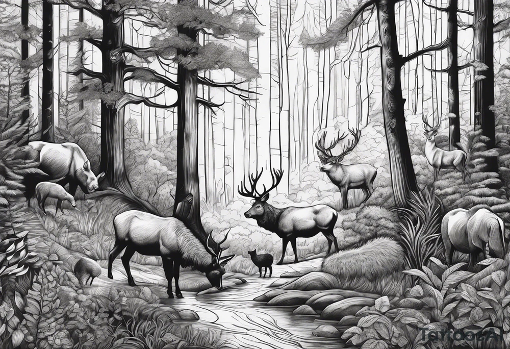 Forest with trees and animals roaming tattoo idea