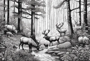 Forest with trees and animals roaming tattoo idea