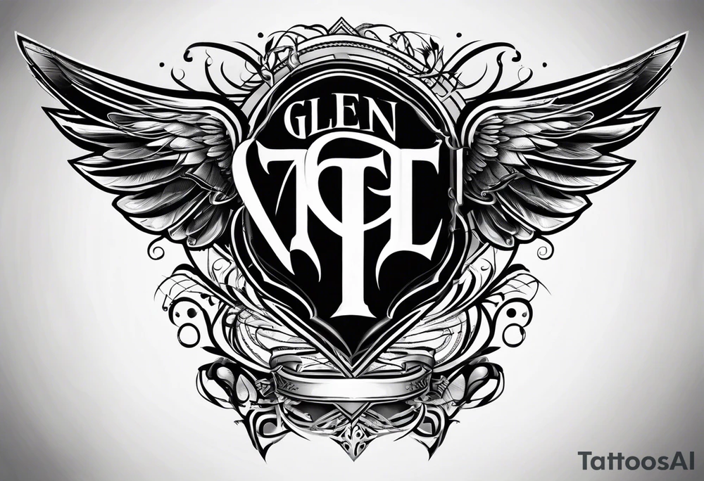 Simple tattoo with the word Glenn on a banner and angel wings tattoo idea