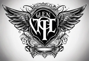 Simple tattoo with the word Glenn on a banner and angel wings tattoo idea