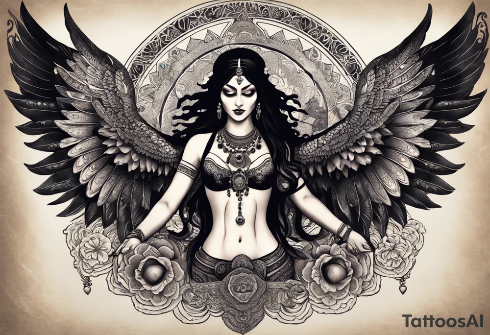 black kali, goddess pirate, alien, angel, pachamama, valkrye, warrior, flying, skull, lotus azul, wing, eagle, zenza resonance, stars, 5D, anahata chakra, death, durga, riding on a tiger, flying lady, kundalini, chest tatoo tattoo idea