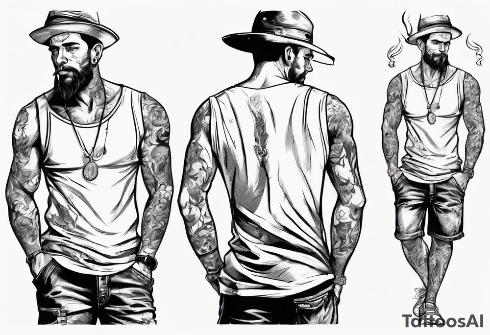 One handsome man in shorts, full-length, no hat, earrings in his ears stands smoking a cigarette tattoo idea
