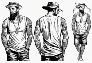 One handsome man in shorts, full-length, no hat, earrings in his ears stands smoking a cigarette tattoo idea