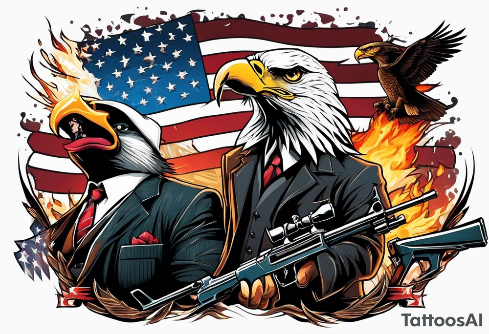 capone style gangsters battling with machine guns against a dark flame background with an angry eagle swooping in with american flag and sexy women tattoo idea