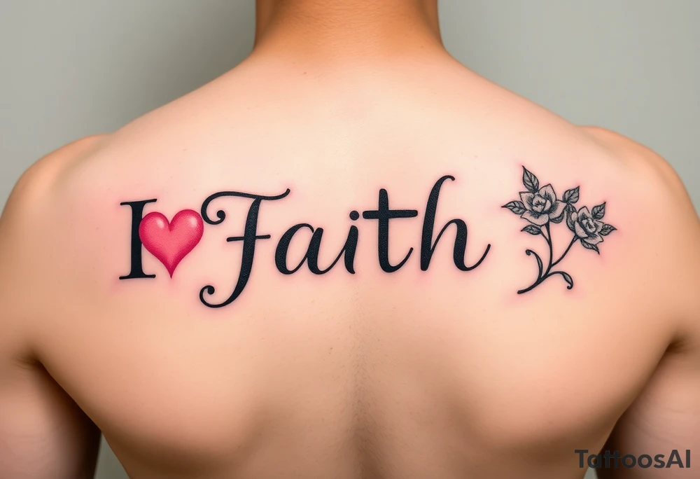 Script horizontal  faith with letter I having a pink heart and the t being a cross with an April flower at  that end and a scrolled stem w 2 leaves tattoo idea