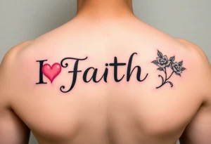 Script horizontal  faith with letter I having a pink heart and the t being a cross with an April flower at  that end and a scrolled stem w 2 leaves tattoo idea