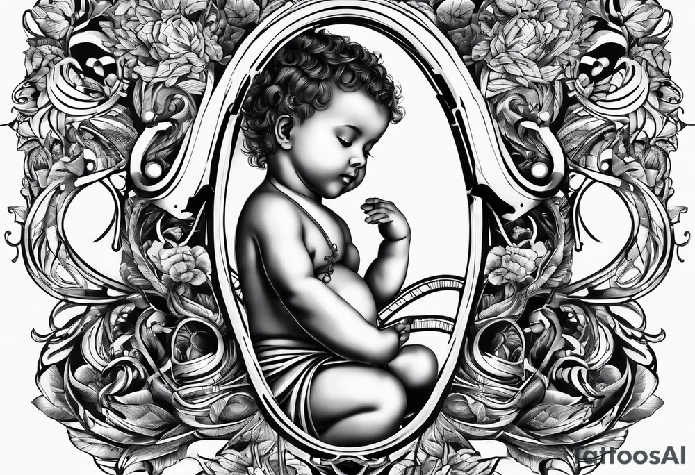 Music intertwined with baby footprints tattoo idea
