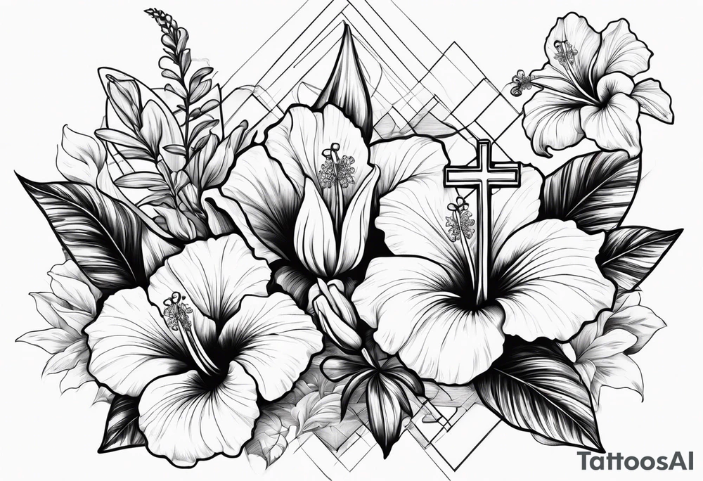 hibiscus and lily flowers in the background with an absent cross overlapping it tattoo idea