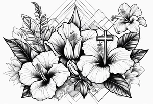 hibiscus and lily flowers in the background with an absent cross overlapping it tattoo idea