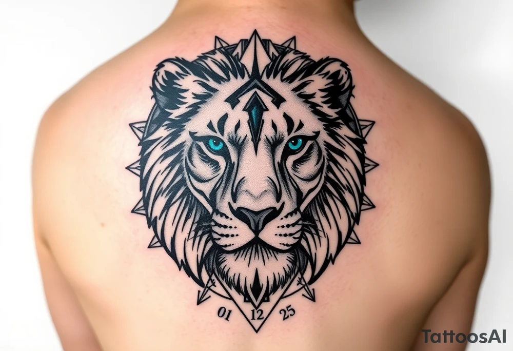 Lions face in a more realism style. Placement is on the back of the leg. Blend elements of curiosity and exploration through nature elements (forest, water, etc). Also add in geometric patterns around the lion. Make the eyes blue. Hide the date 03.12.2025 in Roman numerals somewhere in the geometric patterns. Think real hard and creatively tattoo idea
