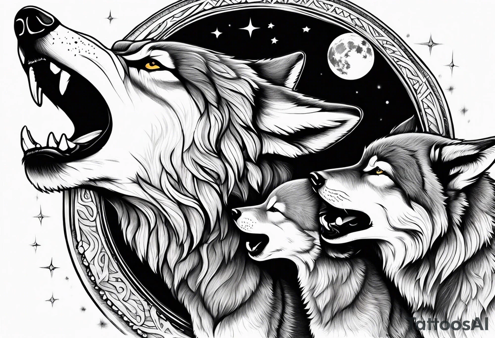 Wolf and cubs howling at moon tattoo idea