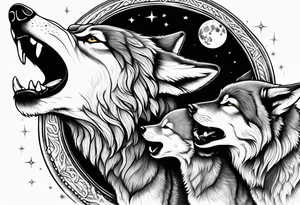Wolf and cubs howling at moon tattoo idea