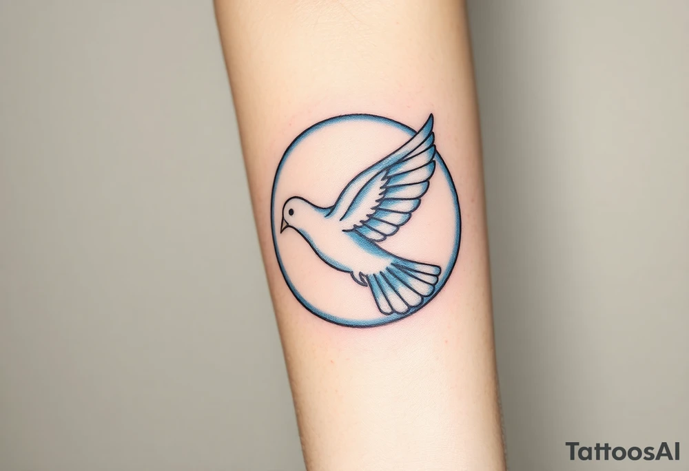 A collared dove flying through a crescent moon, with deep blue and white contrasts to represent spiritual freedom and serenity tattoo idea