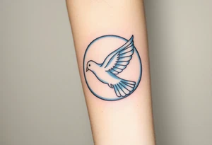 A collared dove flying through a crescent moon, with deep blue and white contrasts to represent spiritual freedom and serenity tattoo idea