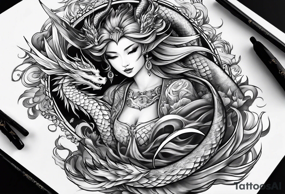 two dragons lady design tattoo idea