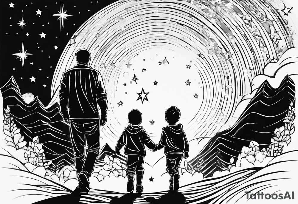 1 mom 1 dad  and 1 little kid walking looking the stars tattoo idea