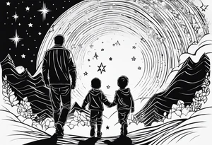1 mom 1 dad  and 1 little kid walking looking the stars tattoo idea