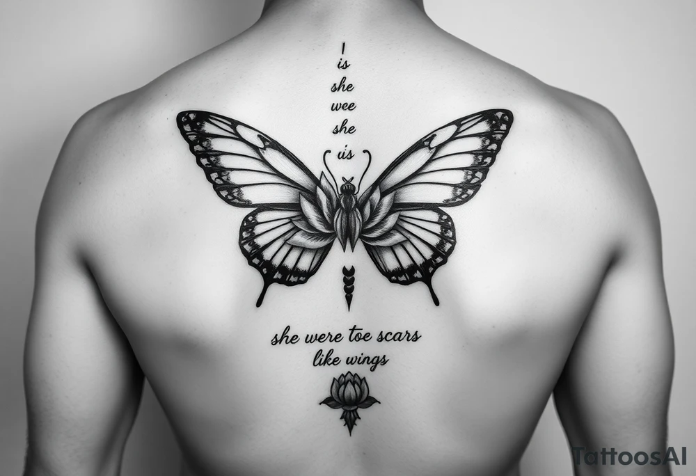 butterfly with cracked wings and lotus flower with quote that says “she wore her scars like wings” all down spine but very elegant towards lower back and small tattoo idea