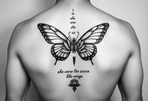 butterfly with cracked wings and lotus flower with quote that says “she wore her scars like wings” all down spine but very elegant towards lower back and small tattoo idea