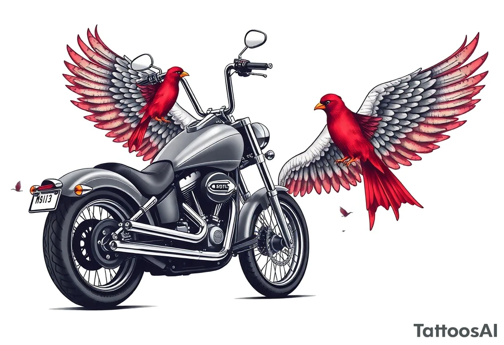 Harley grey motorcycle driving away, two red birds flying, roses, flames, angel wings tattoo idea