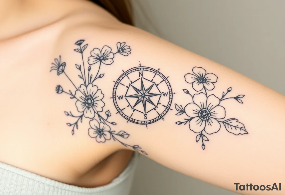 Compass surrounded with wild flowers tattoo idea