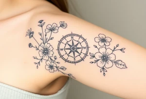 Compass surrounded with wild flowers tattoo idea