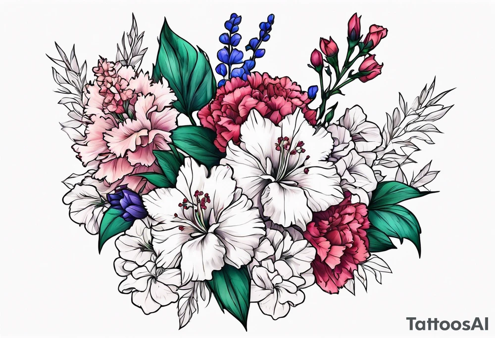 Larkspur flowers and carnation flowers in all color tattoo idea
