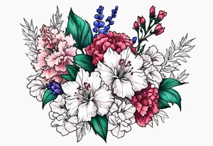 Larkspur flowers and carnation flowers in all color tattoo idea