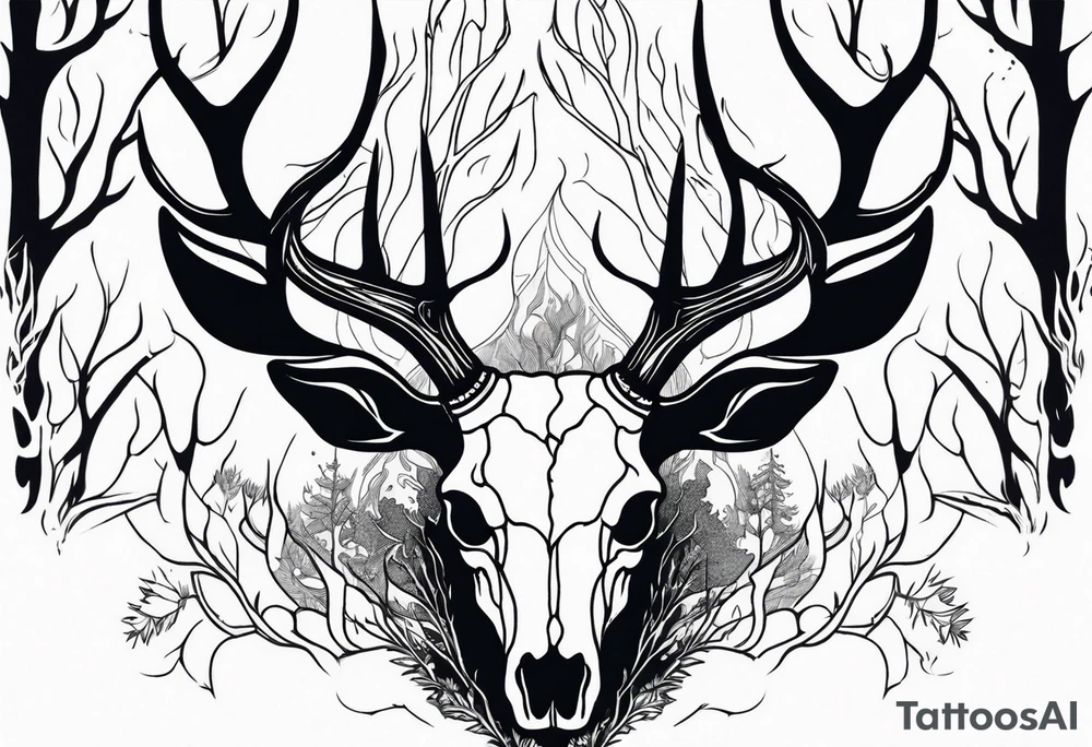 side profile of a DECAYING deer skull JUST BONE lore accurate shapeshifter surrounded by a flames and trees tattoo idea