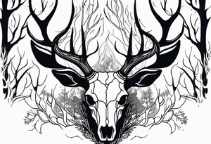 side profile of a DECAYING deer skull JUST BONE lore accurate shapeshifter surrounded by a flames and trees tattoo idea