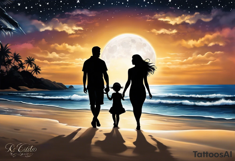 Create a stunning image of a realistic tattoo design that features a husband and wife holding hands, accompanied by their two children, walking along a beautiful beach. The moon shines radiantly in the night sky, illuminating the serene scene. Let your creativity flourish as you envision the intricate details that bring this tattoo to life, encapsulating the essence of love, family, and the awe-inspiring beauty of nature. tattoo idea