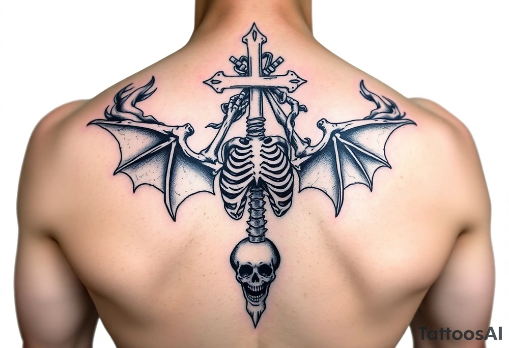 Skeleton in despair, surrounded by smoke, upside down cross, demon woman tattoo idea