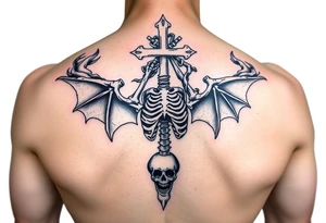 Skeleton in despair, surrounded by smoke, upside down cross, demon woman tattoo idea