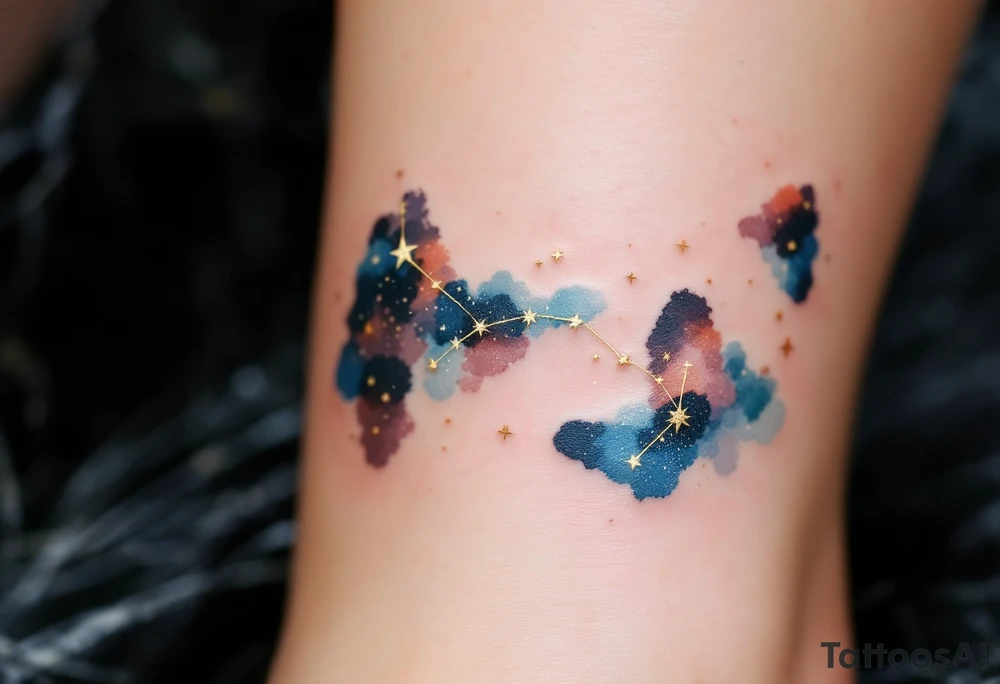 Capricorn stars constellation inked in metallic gold, forming a delicate arc across a watercolor galaxy. tattoo idea