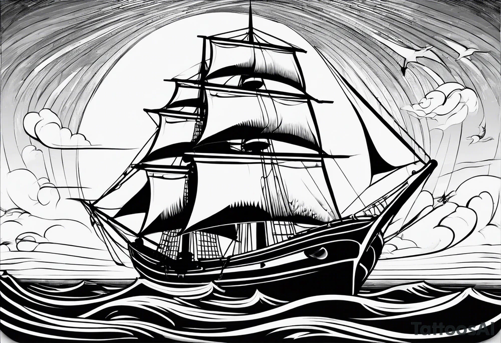 front bow sails with lighthouse on board tattoo idea