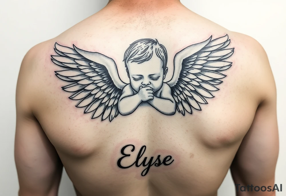 Create baby angle with closed wings, hand crossed and her name Elyse in the image tattoo idea