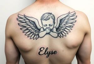 Create baby angle with closed wings, hand crossed and her name Elyse in the image tattoo idea