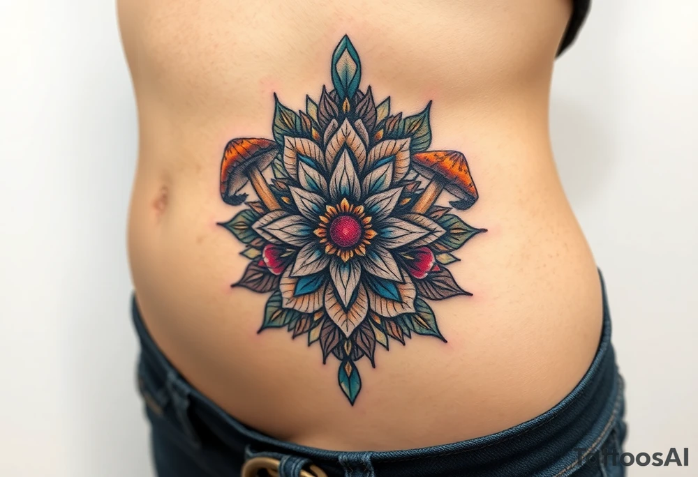 psychedelic  tattoo with crystals and  mandala style flowers and mushrooms like the second picture tattoo idea
