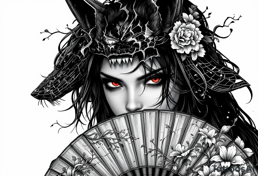 Samurai woman with red eyes wearing an half and broken kitsune's mask on her hair and holding a fan with irises flowers tattoo idea