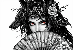 Samurai woman with red eyes wearing an half and broken kitsune's mask on her hair and holding a fan with irises flowers tattoo idea