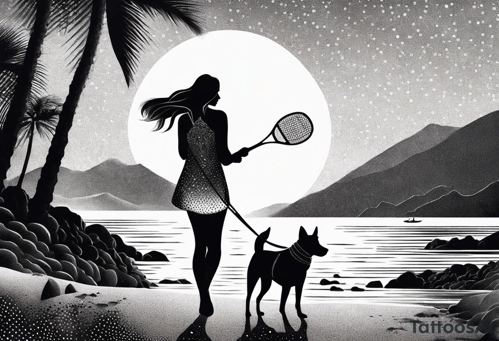 Beach Mountain Racket dog and woman tattoo idea