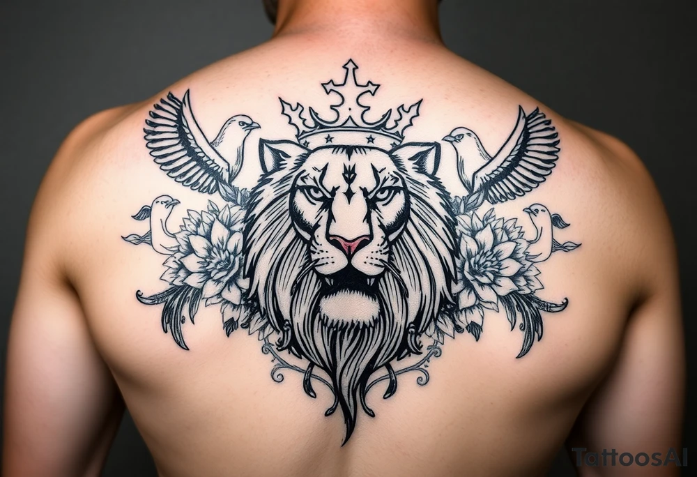 powerful majestic lion with a crown, surrounded by floral ornaments and birds tattoo idea