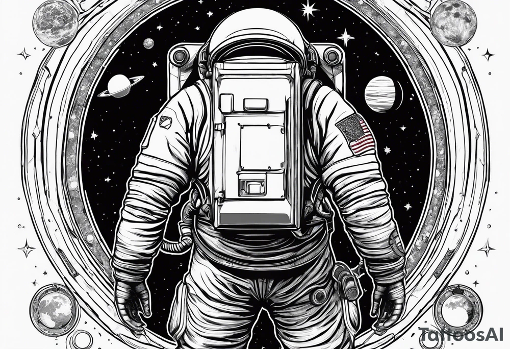 an astronaut hunched over in space from the back holding a planet in his hands tattoo idea