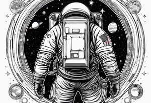 an astronaut hunched over in space from the back holding a planet in his hands tattoo idea