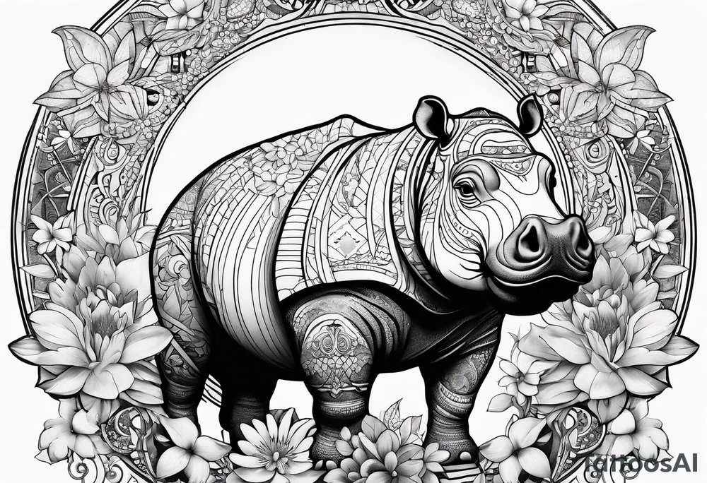Hippo, flowers, moon, interstella, 
fine lines, tribal, geometric tattoo idea