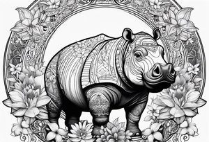 Hippo, flowers, moon, interstella, 
fine lines, tribal, geometric tattoo idea