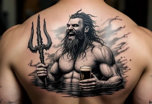 laughing poseidon in calm water, holding a trident, holding a beer tattoo idea