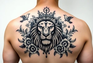 powerful majestic lion with a crown, surrounded by floral ornaments and birds tattoo idea